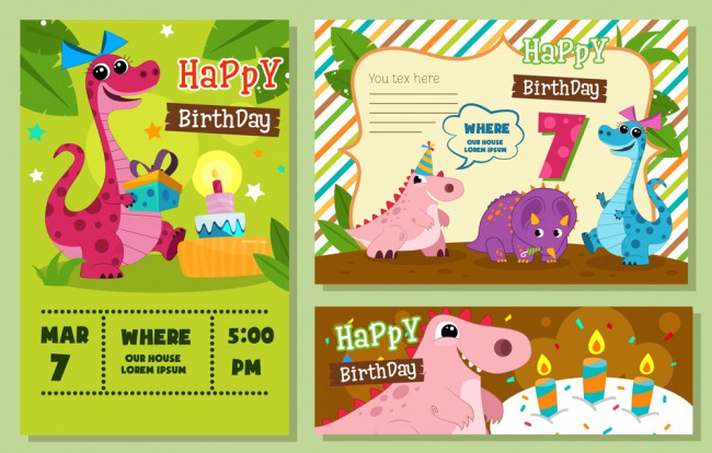 3款卡通恐龙生日邀请卡片矢量素材16图库网精选