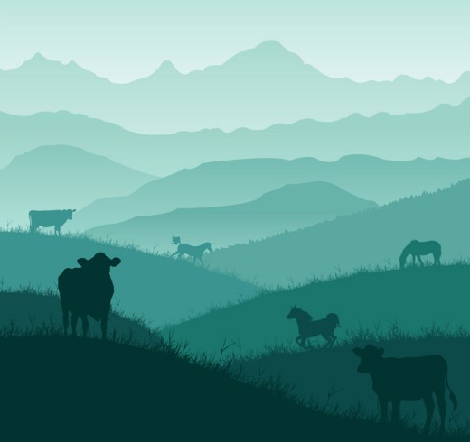 山坡上的牛和马剪影矢量素材素材中国网精选
