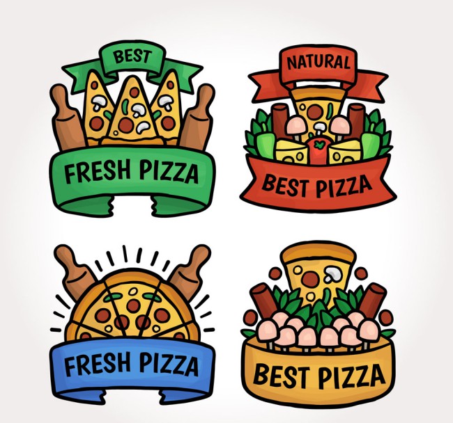 4款彩绘披萨标签矢量素材素材天下精选