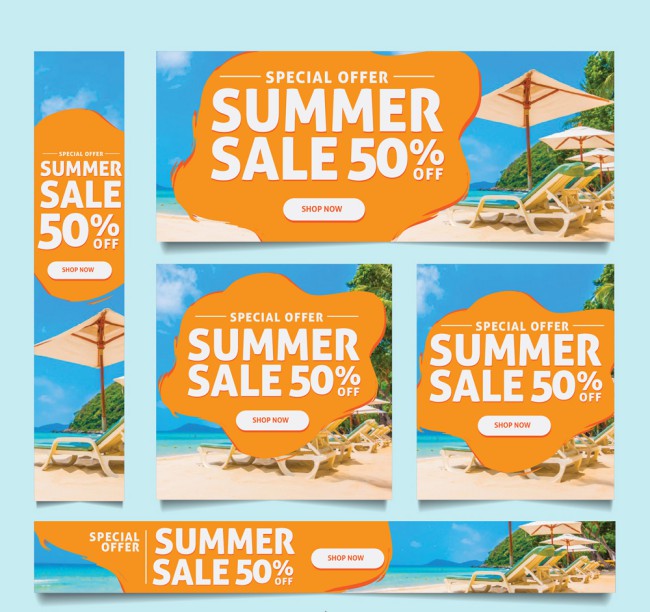 5款创意夏季沙滩半价促销banner矢量图16素材网精选
