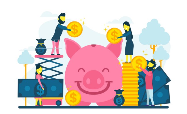 创意笑脸猪存钱罐和人物矢量图素材