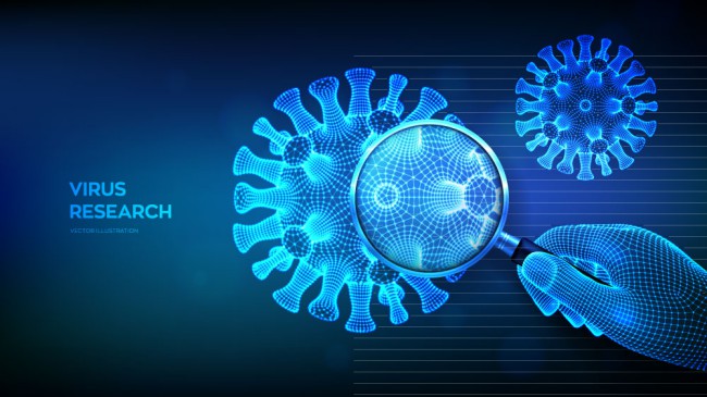蓝色查找新型冠状病毒的放大镜矢量素材16设计网精选