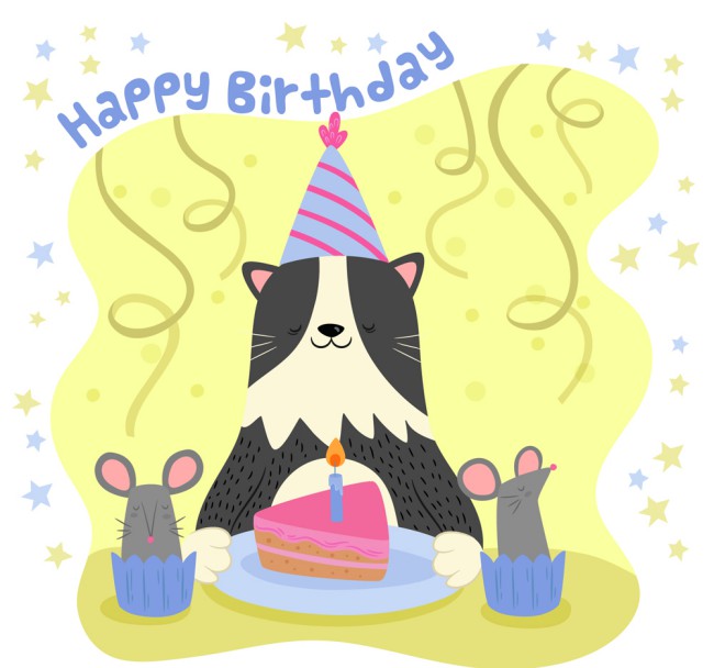 彩绘生日猫咪和蛋糕矢量素材16素材网精选