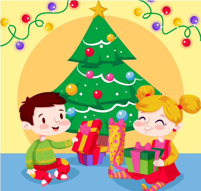 卡通客厅圣诞树旁的2个孩子矢量素材16图库网精选