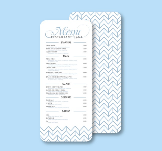 蓝色曲折线花纹餐馆菜单矢量图16素材网精选