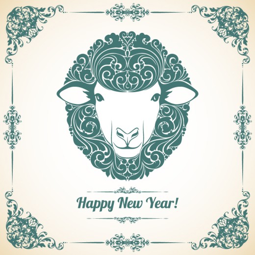 绿色手绘绵羊头新年贺卡矢量素材素