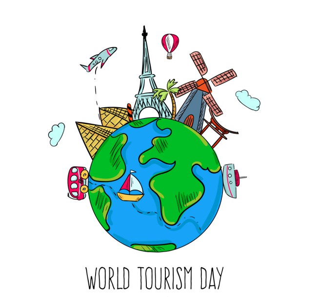 彩绘世界旅游日地球和著名建筑矢量图16图库网精选