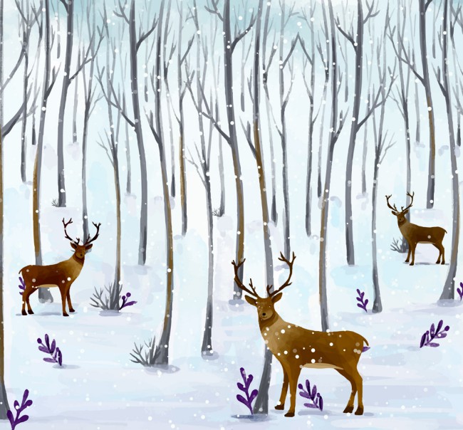 水彩绘森林里的3只驯鹿矢量图普贤居素材网精选