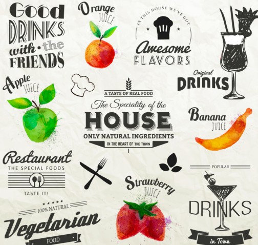 11款水彩餐厅与果汁标签矢量图普贤居素材网精选
