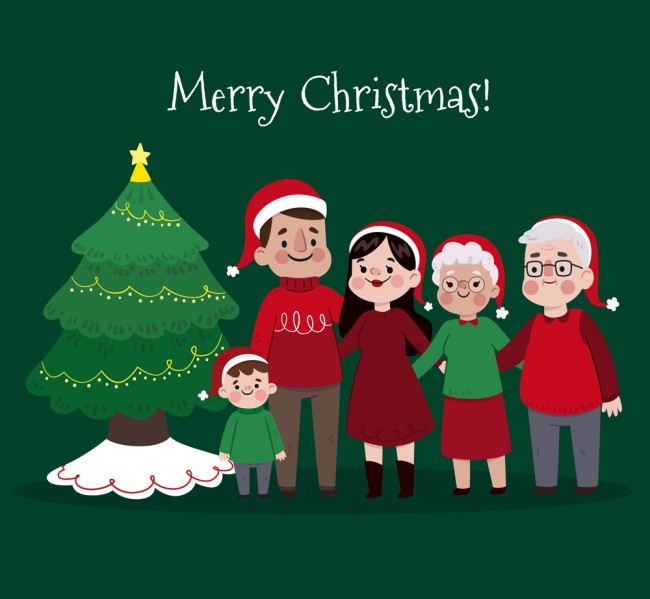 卡通圣诞树旁的五口之家矢量图普贤居素材网精选