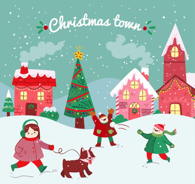 卡通圣诞小城和人物插画矢量素材16图库网精选