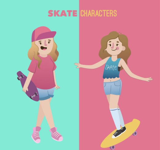 2款卡通玩滑板的女孩矢量素材16素材网精选