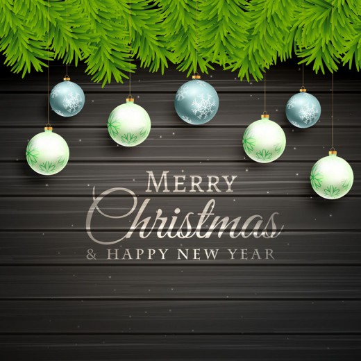 精美圣诞吊球和黑色木板背景贺卡矢量素材16素材网精选