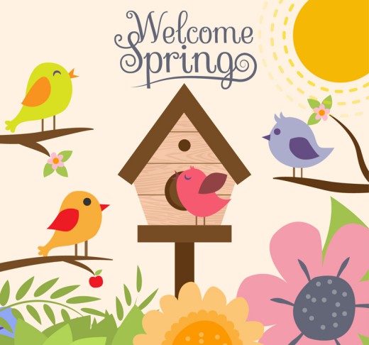 卡通春季鸟和花卉矢量素材16图库网精选