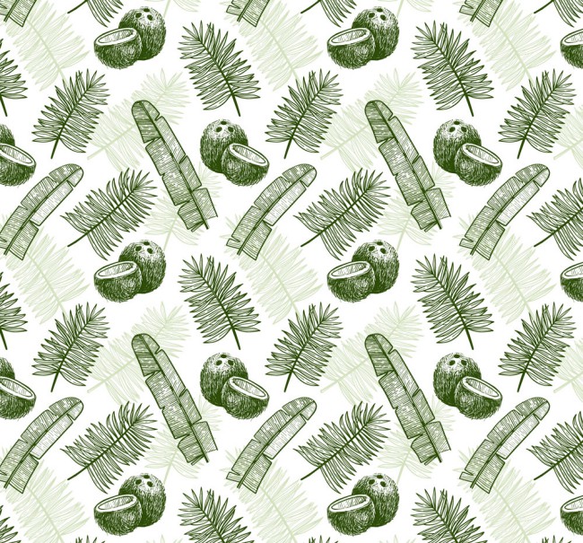 手绘棕榈树叶和椰子无缝背景矢量图素材中国网精选