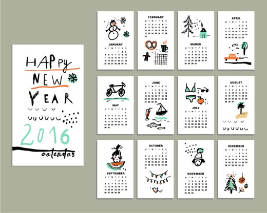 2016年彩绘年历卡片矢量图16设计网精选