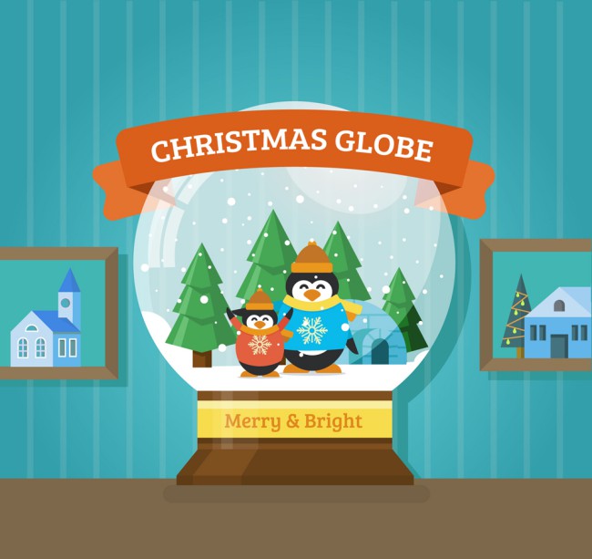 可爱企鹅圣诞雪花水晶球矢量素材普贤居素材网精选
