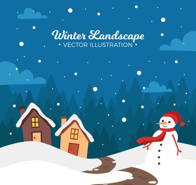 创意冬季房屋和雪人风景矢量图普贤居素材网精选