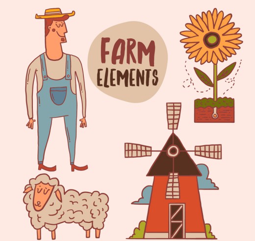 农夫和三个卡通农场元素矢量素材16素材网精选