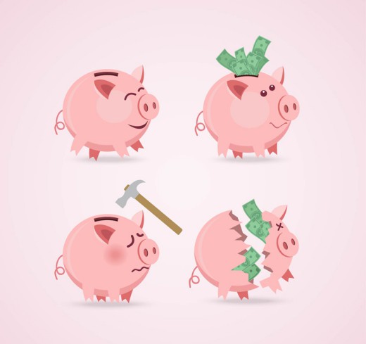 4款卡通粉色猪存钱罐矢量图素材中