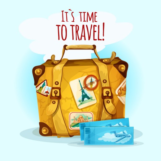 彩绘旅游行李箱和飞机票矢量素材16设计网精选