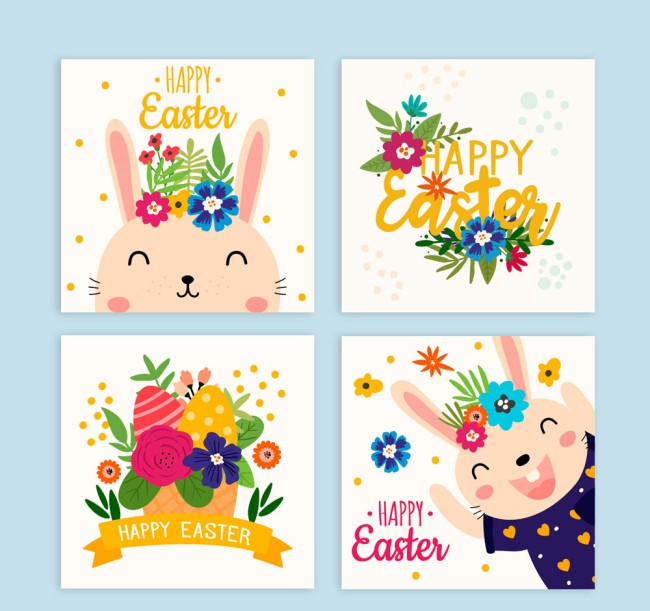 4款彩色复活节花卉和兔子卡片矢量图16素材网精选