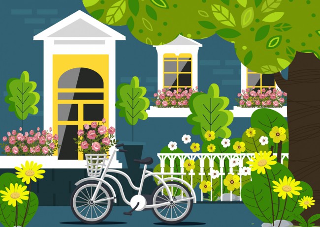 美丽房屋花园单车风景矢量图16图库网精选