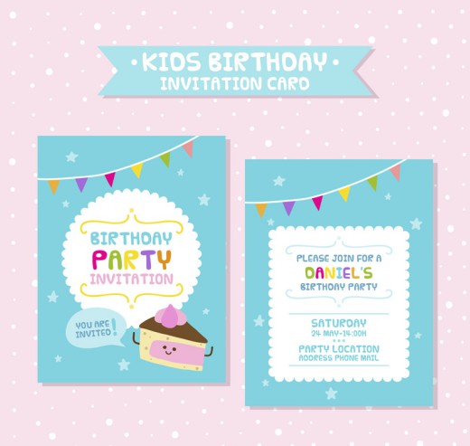 蓝色儿童生日派对邀请卡正反面矢量素材16素材网精选