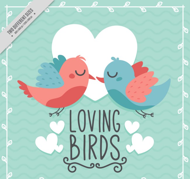 卡通亲吻的情侣鸟与爱心矢量素材16图库网精选