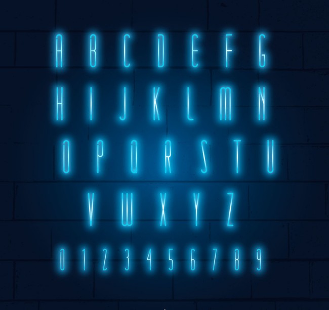 26个蓝色霓虹灯字母和10个数字矢量图普贤居素材网精选