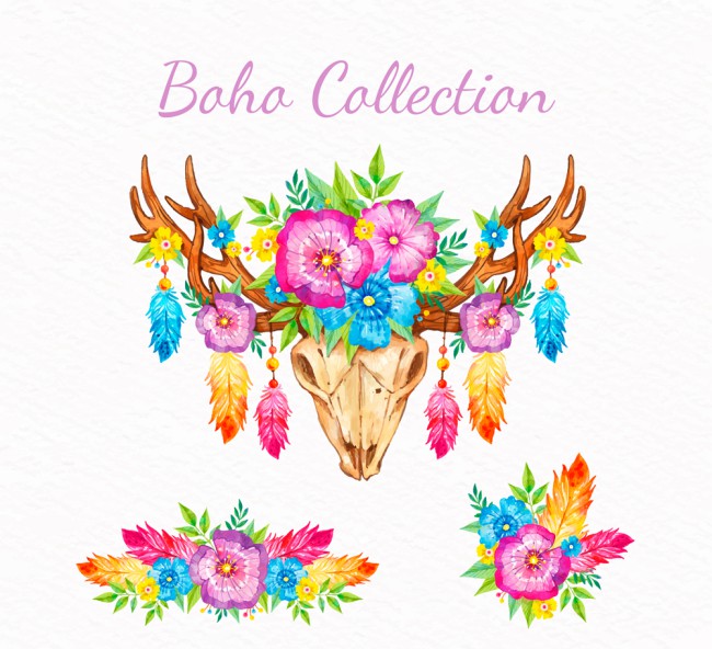 3款彩绘波西米亚风花卉装饰物矢量图素材天下精选