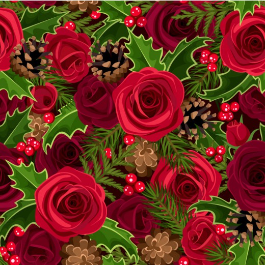 红玫瑰和枸骨无缝背景矢量素材16素材网精选