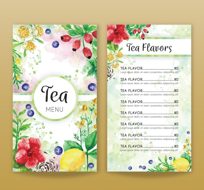 水彩绘花卉和水果茶水单矢量图16设计网精选