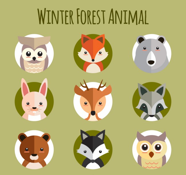 9款扁平化冬季森林动物头像矢量图16素材网精选