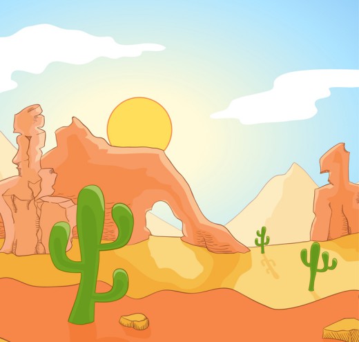 彩绘沙漠戈壁和仙人掌风景矢量图素