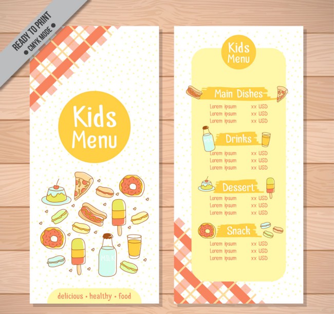 彩绘美味食物儿童菜单矢量图素材中