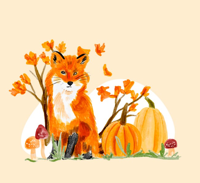 水彩绘秋季狐狸和南瓜矢量素材16素材网精选