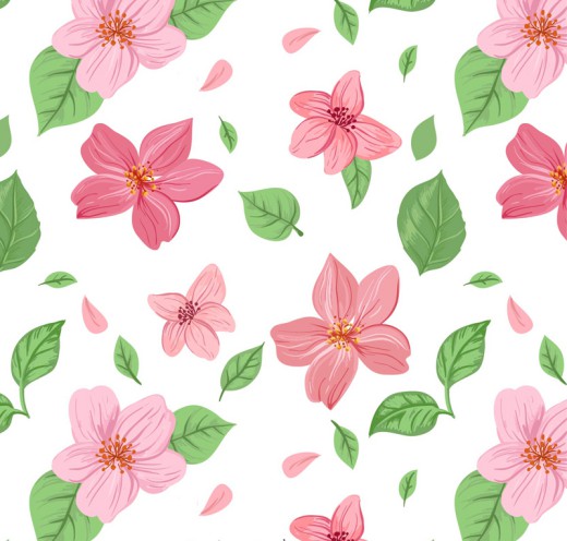 粉色花朵和叶子无缝背景矢量素材16图库网精选