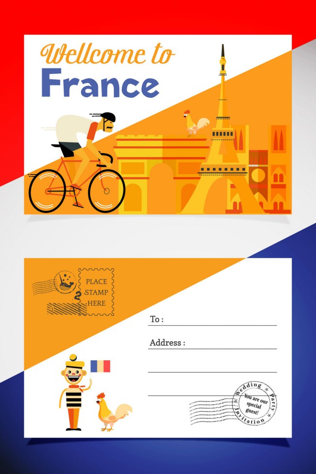 彩色法国明信片正反面矢量素材16素材网精选