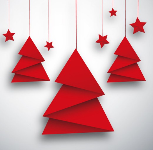 红色折纸圣诞树和星星贺卡矢量素材16图库网精选