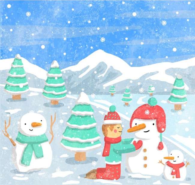 彩绘雪地堆雪人的男子矢量素材16图