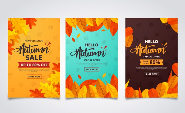 3款彩色秋季树叶促销卡片矢量图16素材网精选