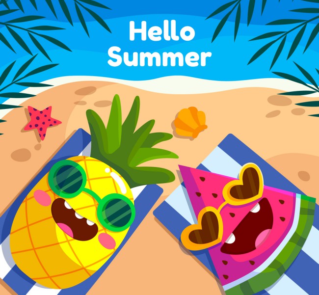 卡通海边度假的菠萝和西瓜矢量图16图库网精选