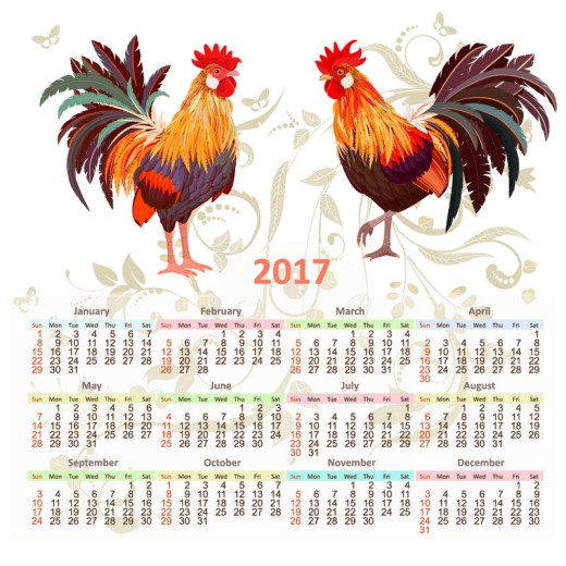 2017年彩绘公鸡年历矢量素材素材中国网精选