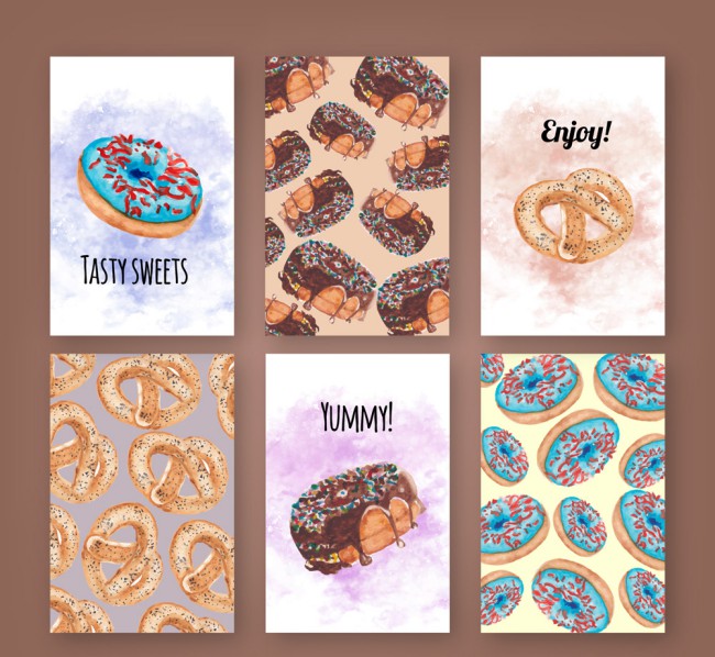 6款美味甜甜圈和面包卡片矢量素材16图库网精选