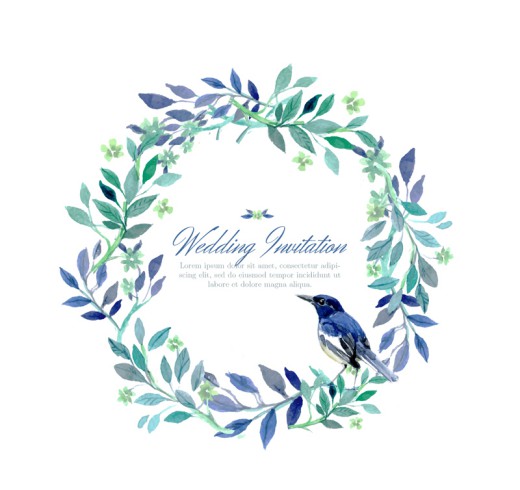 水彩花环和鸟婚礼邀请卡矢量图素材