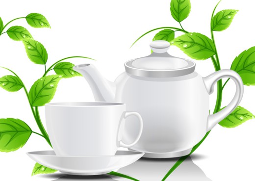 白色茶具与绿叶矢量素材素材中国网
