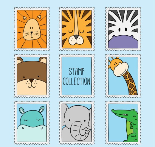 8款卡通动物邮票矢量素材普贤居素材网精选