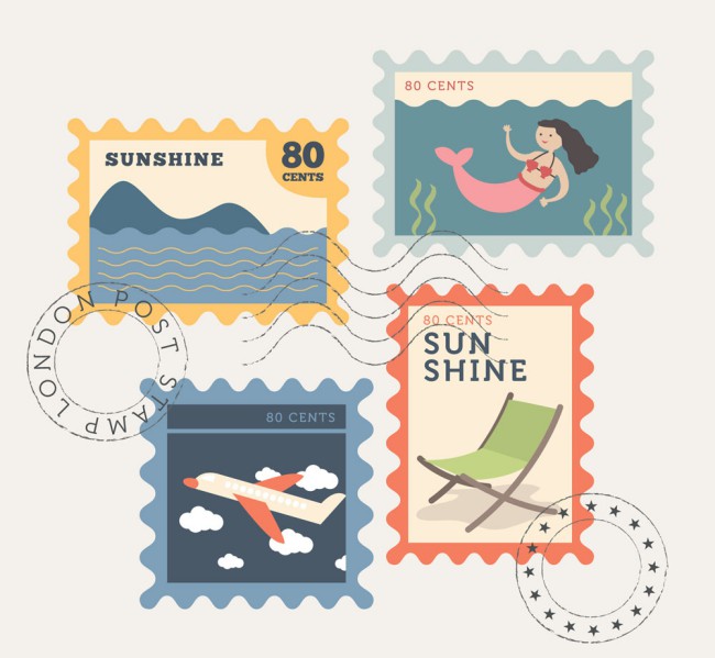 4款复古夏季邮票矢量素材16素材网精选