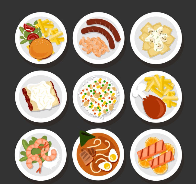 9款美味餐盘里的菜肴俯视图矢量素材16图库网精选